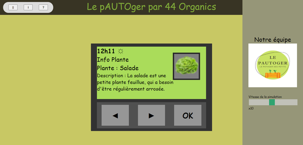 L'utilisateur est actuellement sur le menu "Plante". Il peut sélectionner la plante qui a été plantée. L'écran donne également des informations sur la plante, pour mieux comprendre comment poussent les plantes.